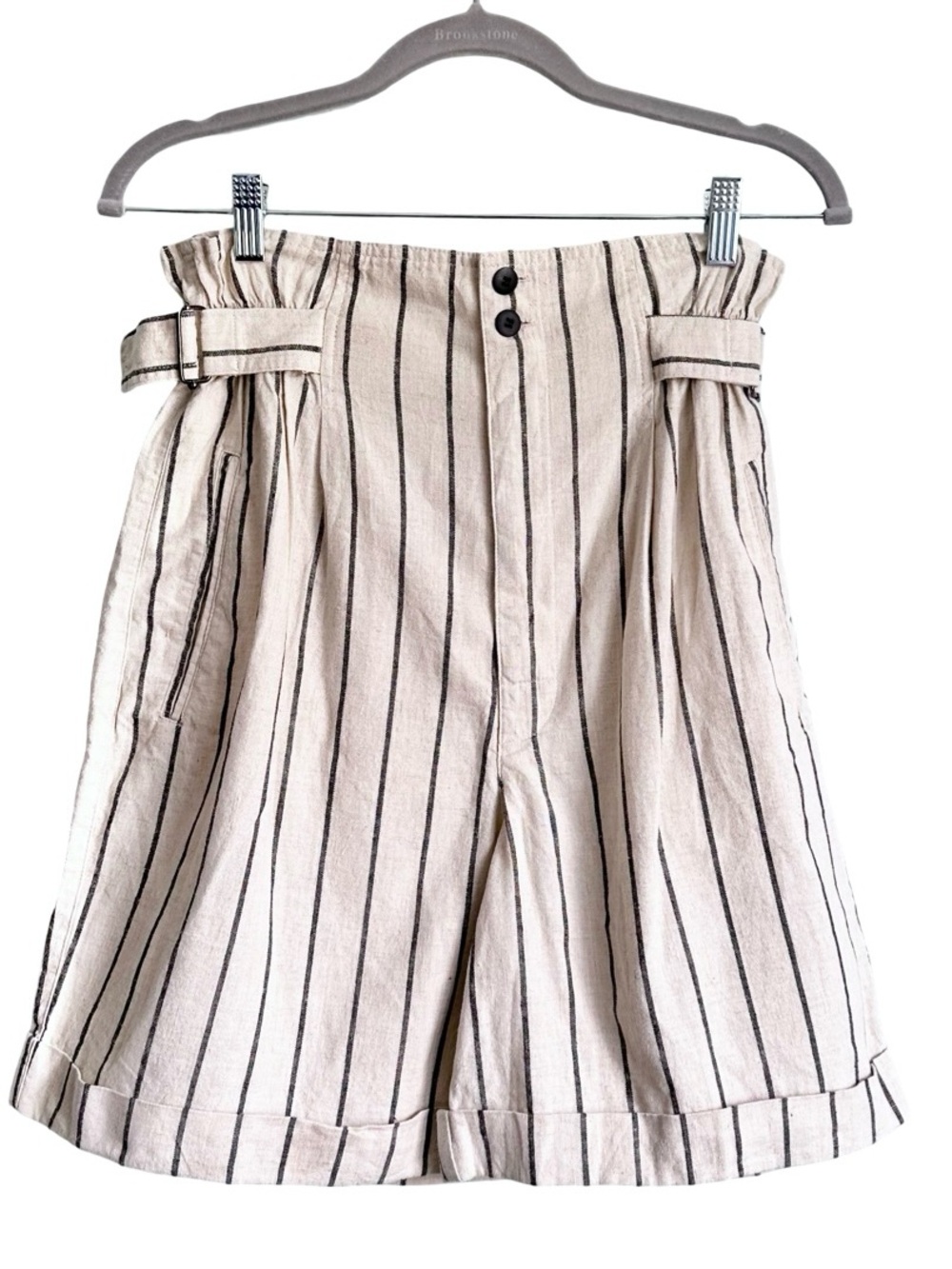 Vintage 90’s Esprit High Waist Cream Striped Linen-Blend Paperbag Shorts Sz XS/S